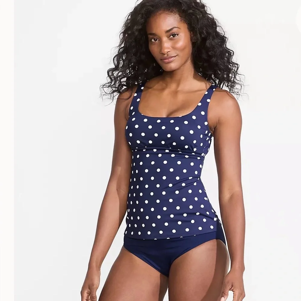 Lands End Tankini Swimsuit Top Navy and White Polka Women Size 14 w/ Underwire